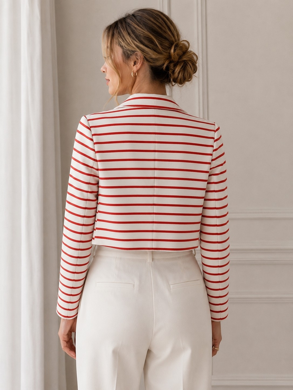 Zara White Blazer with Red Stripes - Cropped Double-Breasted Career Academia - Picture 2 of 6